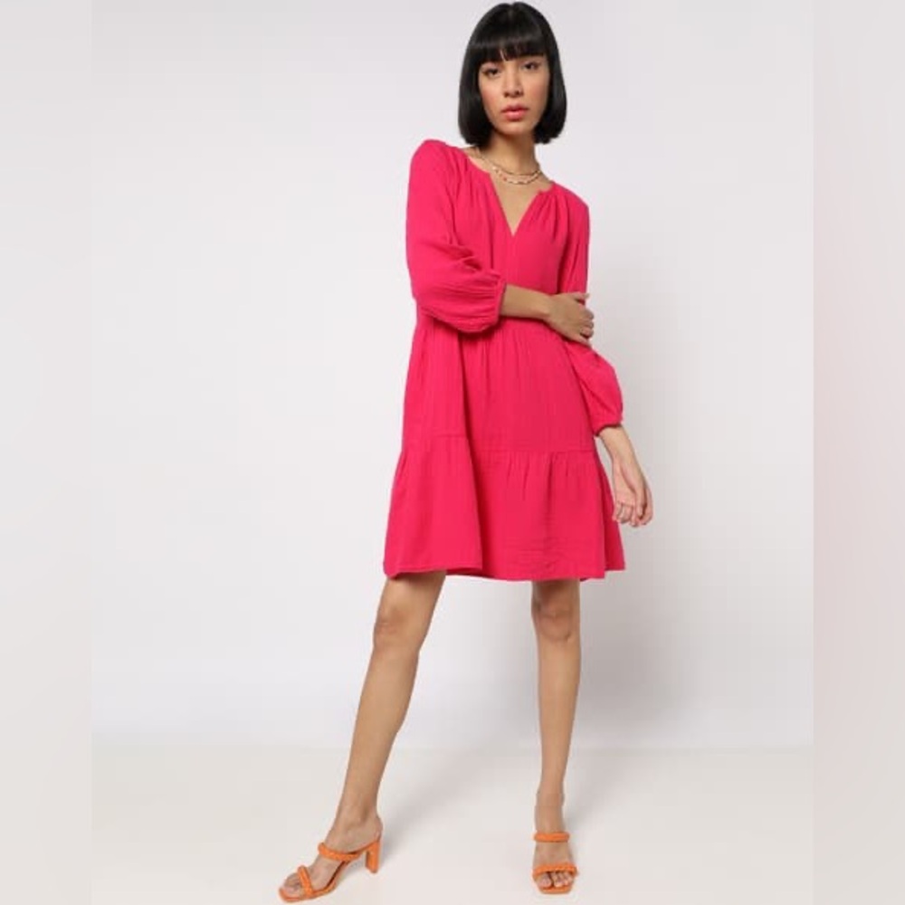 GAP Hot Pink Tiered Mini Dress Size M NWOT Boho V-Neck Flowy Summer Beach